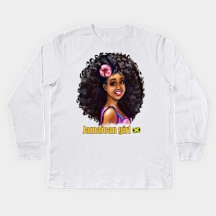 Jamaican girl I with pink hibiscus flower in her big natural afro hair. The best Gifts for black women 2022 Jamaica Kids Long Sleeve T-Shirt